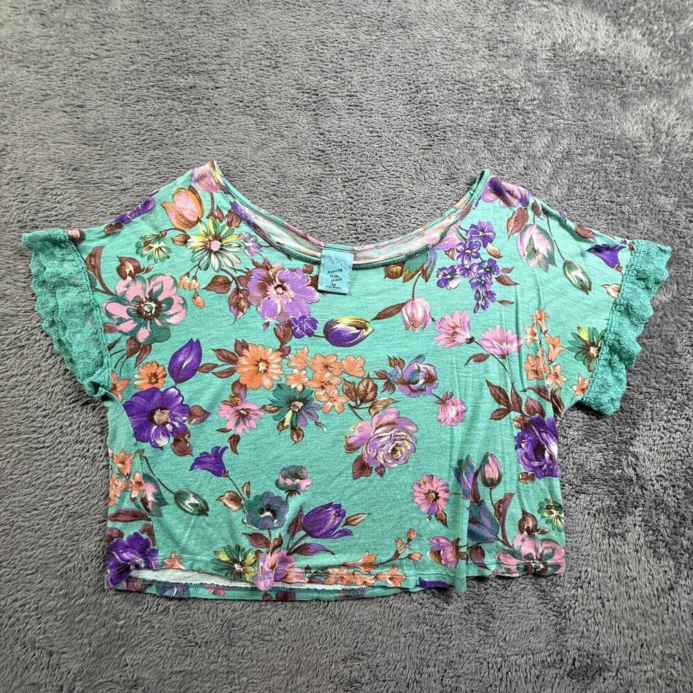 h.i.p. Happening in the Present Womens XS Floral Crop Top Teal Lace Flutter USA